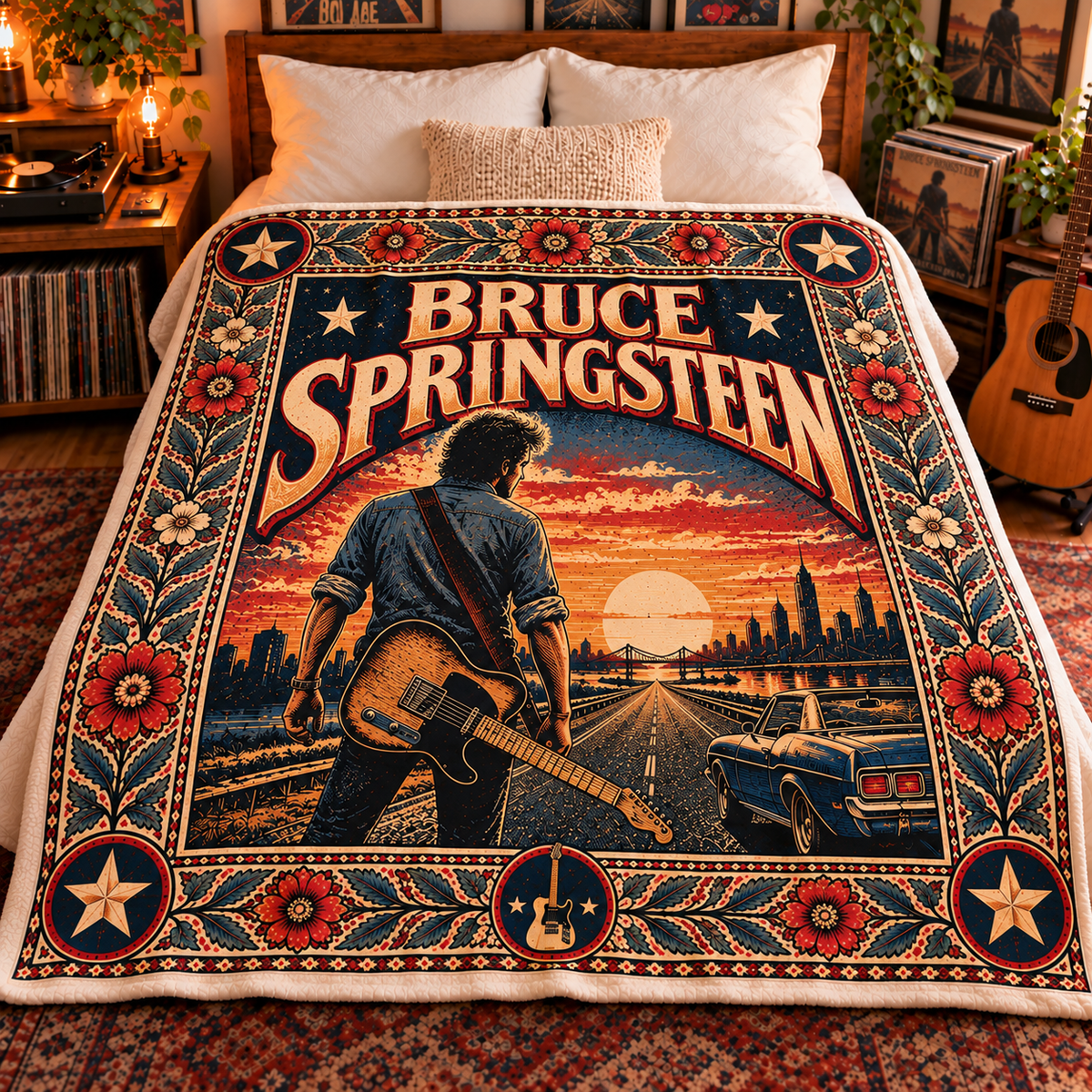 Bruce Springsteen Sherpa Throw Blanket - Telecaster Guitar & Muscle Car Soft Cover - Heart Rock Music Legend Fan Gift Idea