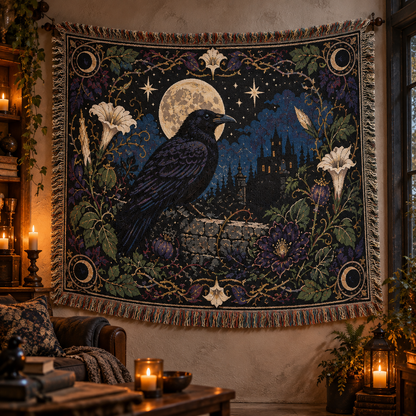 Gothic Raven & Full Moon Woven Blanket – Vintage Night Castle Tapestry Throw