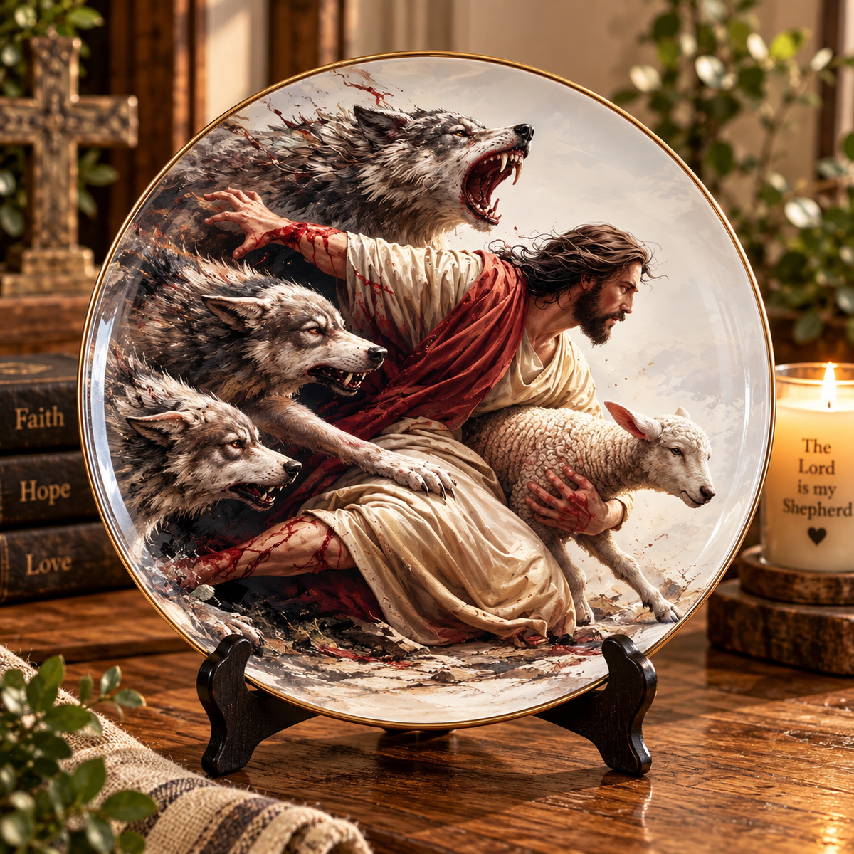 Jesus Good Shepherd Decorative Plate, Protecting the Lamb from Wolves Christian Art, Faith Over Fear Religious Home Decor, Bible Gift