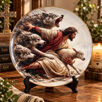 Jesus Good Shepherd Decorative Plate, Protecting the Lamb from Wolves Christian Art, Faith Over Fear Religious Home Decor, Bible Gift