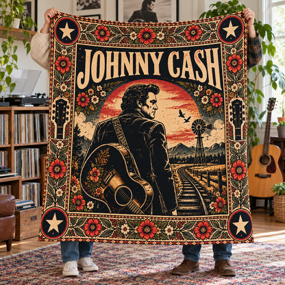 Johnny Cash Sherpa Throw Blanket - Acoustic Guitar & Train Track Soft Cover - Outlaw Country Music Legend Unique Gift Idea