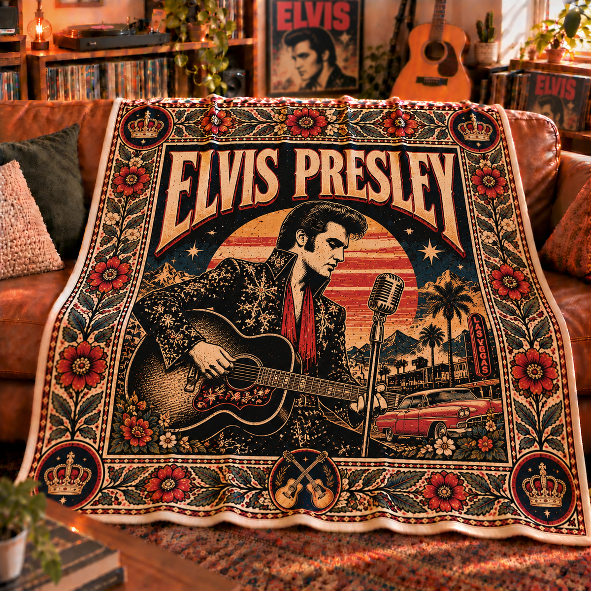 Elvis Presley Sherpa Throw Blanket - King of Rock Guitar & Crown Soft Cover - Vegas Era Music Legend Fan Unique Gift Idea