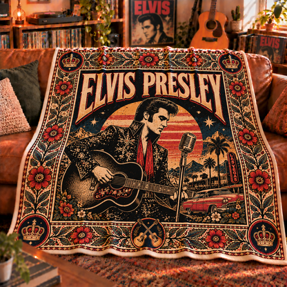 Elvis Presley Sherpa Throw Blanket - King of Rock Guitar & Crown Soft Cover - Vegas Era Music Legend Fan Unique Gift Idea