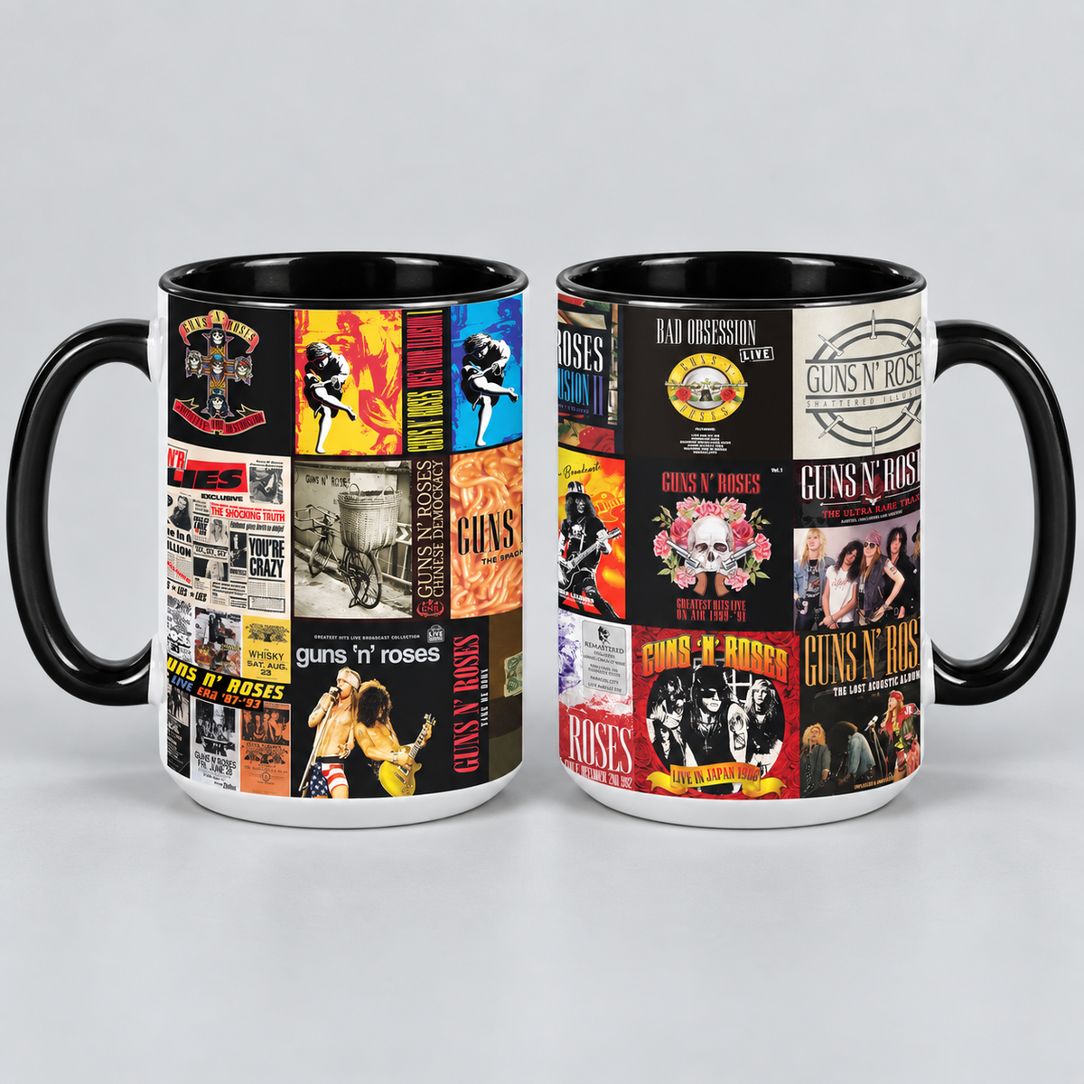 Guns N’ Roses Black Two-Tone Accent Coffee Mug - Classic Rock Band Album Covers Collage Mug