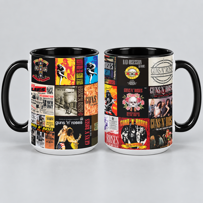Guns N’ Roses Black Two-Tone Accent Coffee Mug - Classic Rock Band Album Covers Collage Mug