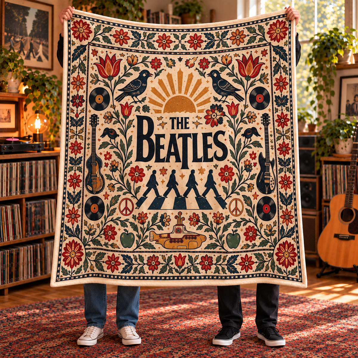 The Beatles Sherpa Throw Blanket - Abbey Road & Yellow Submarine Soft Cover - Classic Rock Music Band Fan Unique Gift Idea
