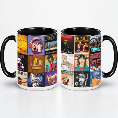 PRIMUS Black Two-Tone Accent Coffee Mug - Classic Band Album Covers Collage Mug