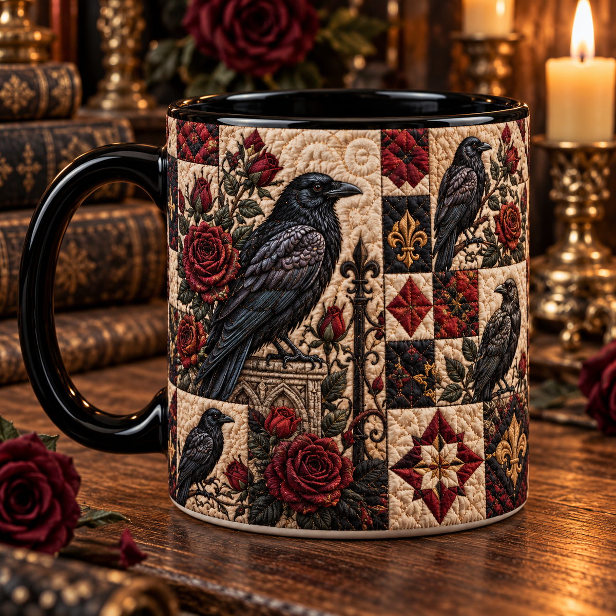 Gothic Raven & Red Roses Quilt Coffee Mug – Vintage Patchwork Crow Ceramic Cup