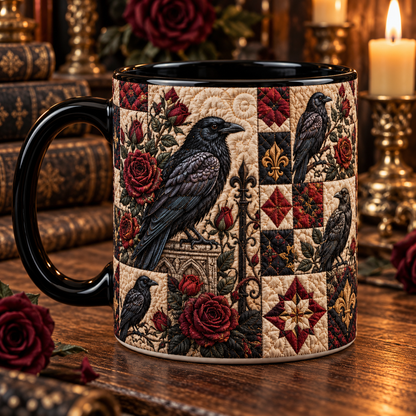 Gothic Raven & Red Roses Quilt Coffee Mug – Vintage Patchwork Crow Ceramic Cup