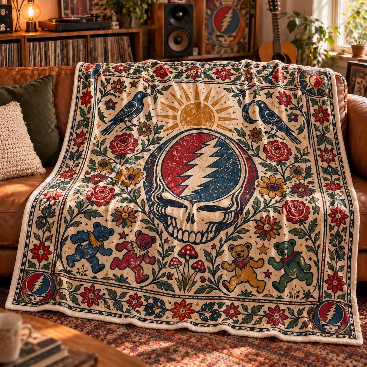 Grateful Dead Sherpa Throw Blanket - Steal Your Face & Dancing Bears Soft Cover - Psychedelic Rock Music Fan Gift Idea