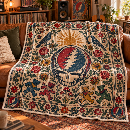 Grateful Dead Sherpa Throw Blanket - Steal Your Face & Dancing Bears Soft Cover - Psychedelic Rock Music Fan Gift Idea