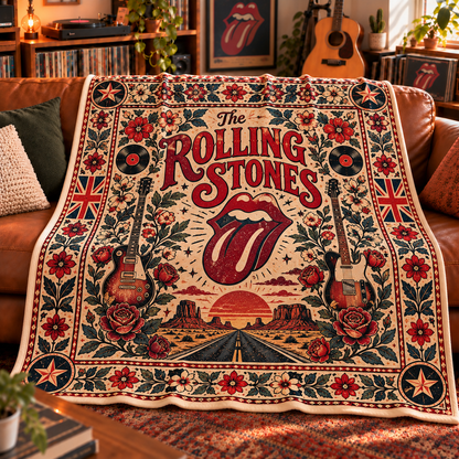 The Rolling Stones Sherpa Throw Blanket - Red Tongue Logo & Electric Guitars Soft Cover - Classic Rock Band Fan Unique Gift