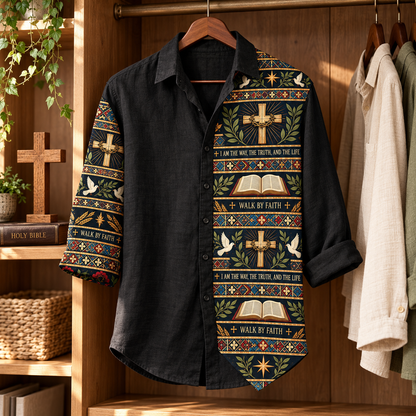 Men’s Christian Linen Shirt – "Walk By Faith" Cross & Holy Bible Vintage Button-Down Shirt