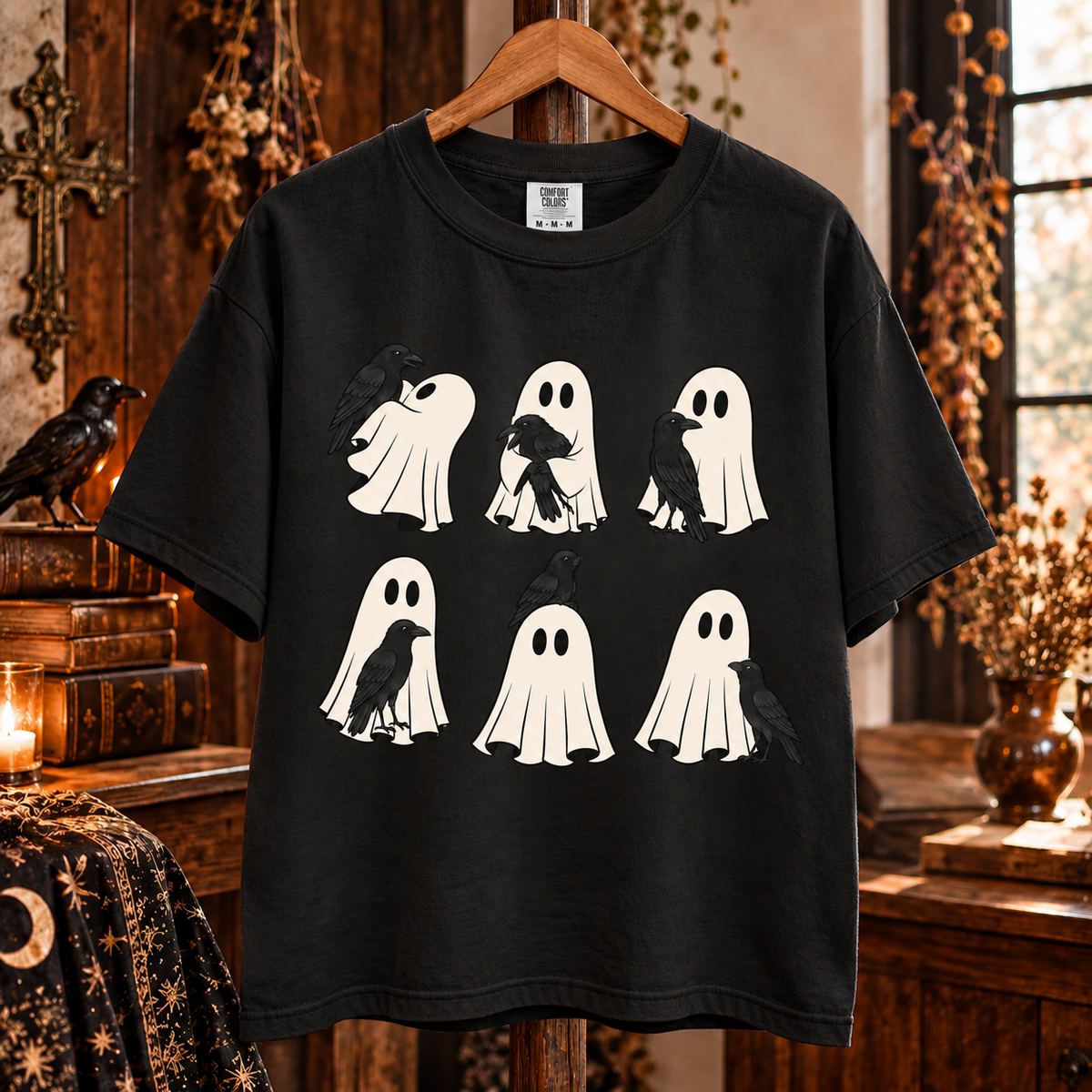 Ghost and Raven T-Shirt, Spooky Crow Halloween Shirt, Cute Ghost Graphic Tee, Gothic Raven Shirt, Witchy Halloween Gift