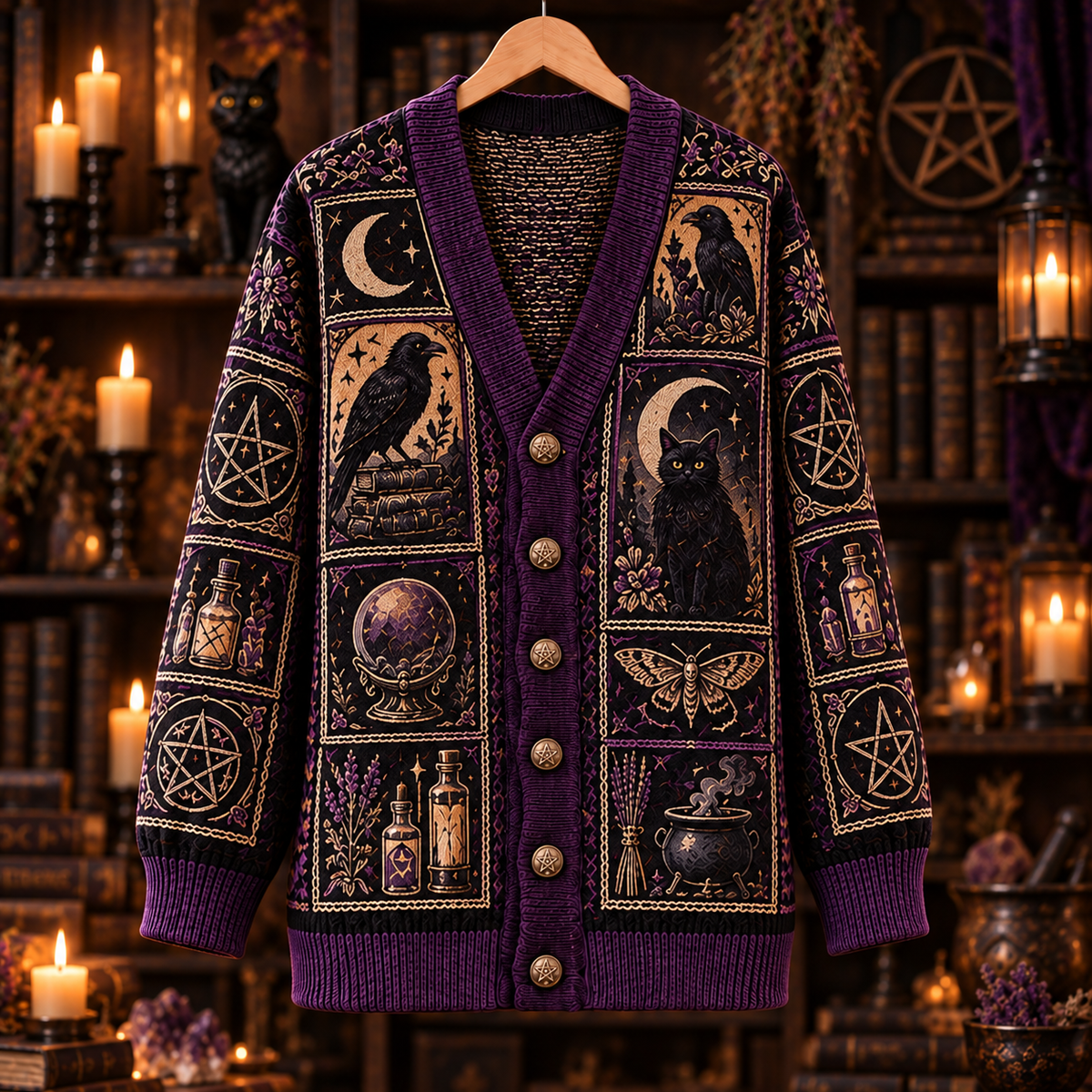 Witchy Cardigan, Black Cat Raven Moon Gothic Knit Sweater, Celestial Tarot Style Cardigan, Dark Academia Halloween Gift