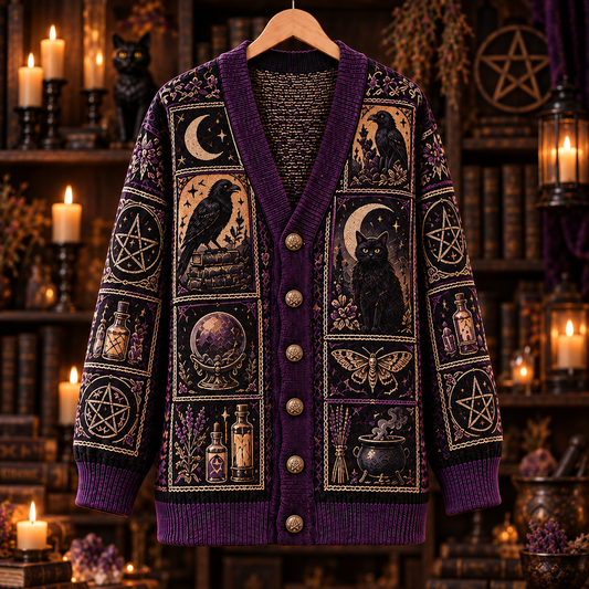 Witchy Cardigan, Black Cat Raven Moon Gothic Knit Sweater, Celestial Tarot Style Cardigan, Dark Academia Halloween Gift