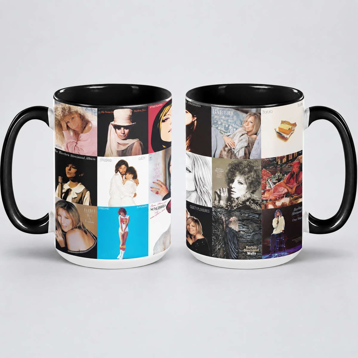 Barbra Streisand Black Two-Tone Accent Coffee Mug - Classic Rock Band Album Covers Collage Mug