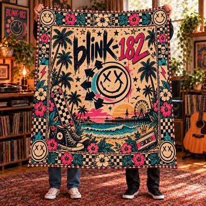 blink-182 Sherpa Throw Blanket - Pop Punk Smiley & Skateboard Soft Plush Cover - California Rock Band Fan Unique Gift Idea