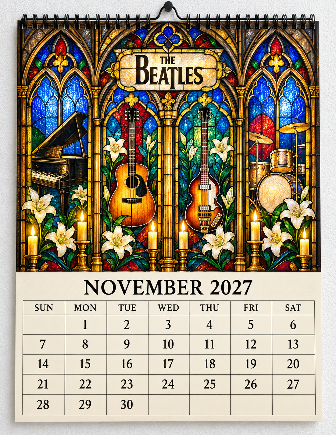 The Beatles 2027 Stained Glass Calendar – Vintage Beatles Wall Calendar, Music Lover Gift