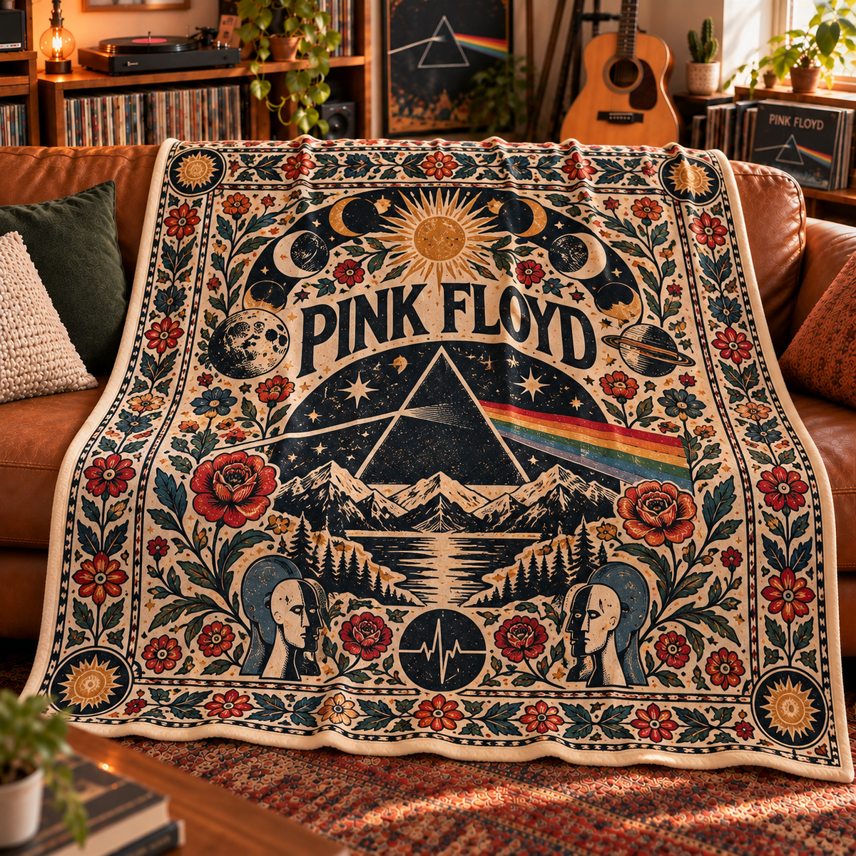 Pink Floyd Sherpa Throw Blanket - Prism Rainbow & Moon Phase Soft Cover - Progressive Rock Music Fan Unique Gift Idea