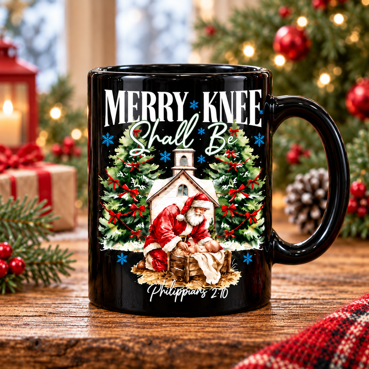 Every Knee Shall Bow Christmas Mug, Christian Christmas Mug – Santa Worshiping Baby Jesus Cup