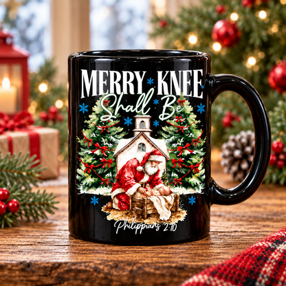 Every Knee Shall Bow Christmas Mug, Christian Christmas Mug – Santa Worshiping Baby Jesus Cup