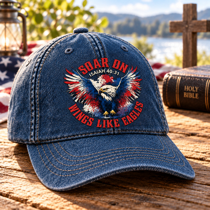 Isaiah 40:31 Christian Denim Cap, Soar on Wings Like Eagles Hat, Bald Eagle Faith Cap, Patriotic Christian Hat, Bible Verse Gift
