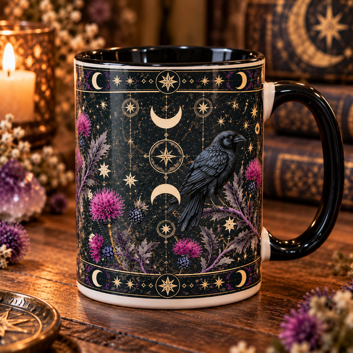 Celestial Raven Mug, Gothic Crow Coffee Mug, Moon Phase Raven Cup, Witchy Thistle Mug, Dark Academia Gift, Mystical Bird Decor