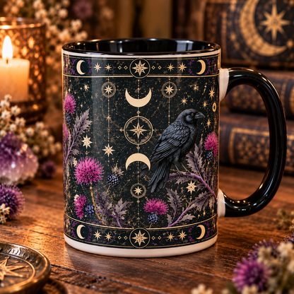 Celestial Raven Mug, Gothic Crow Coffee Mug, Moon Phase Raven Cup, Witchy Thistle Mug, Dark Academia Gift, Mystical Bird Decor