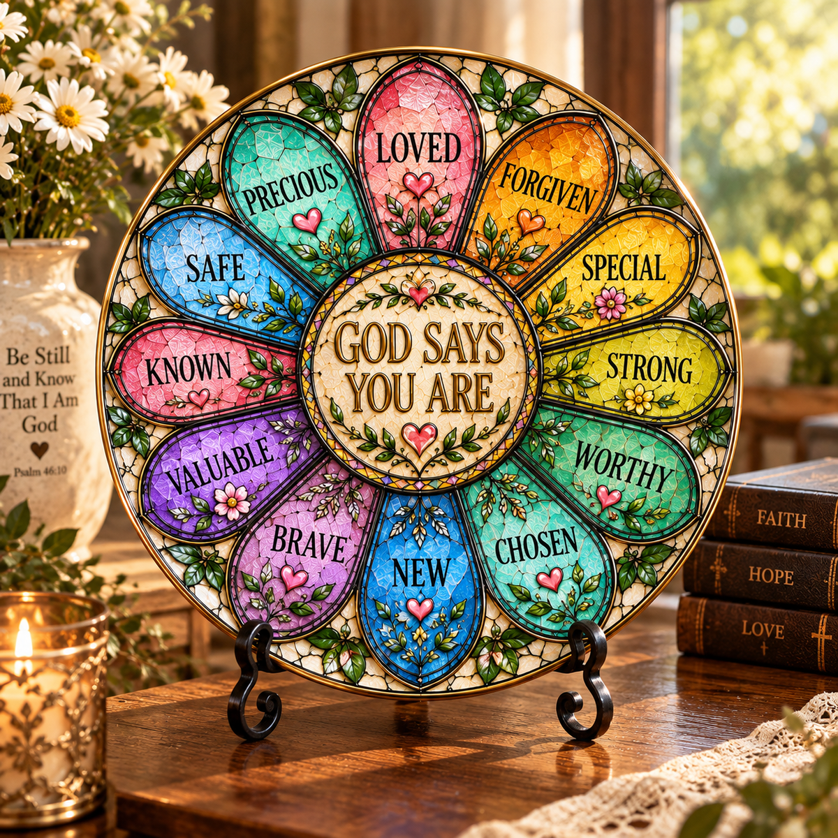 God Says You Are Decorative Plate, Christian Affirmation Stained Glass Style Decor, Inspirational Faith Gift, Bible Home Decoration
