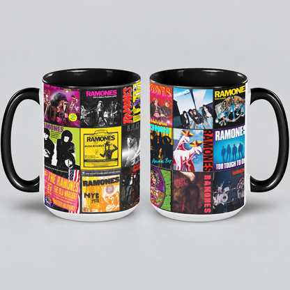 Ramones Black Two-Tone Accent Coffee Mug - Classic Band Album Covers Collage Mug