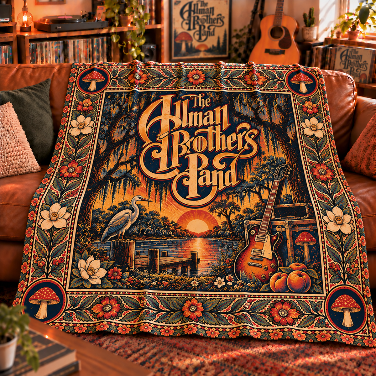 The Allman Brothers Band Sherpa Throw Blanket - Eat a Peach & Guitar Plush Cover - Southern Rock Music Fan Unique Gift Idea