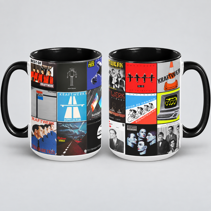Kraftwerk Black Two-Tone Accent Coffee Mug - Classic Rock Band Album Covers Collage Mug