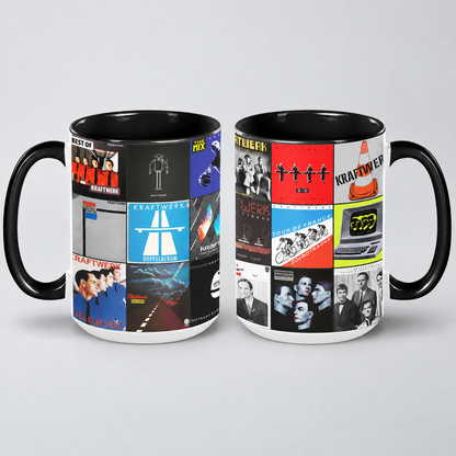 Rush Black Two-Tone Accent Coffee Mug - Classic Rock Band Album Covers Collage Mug
