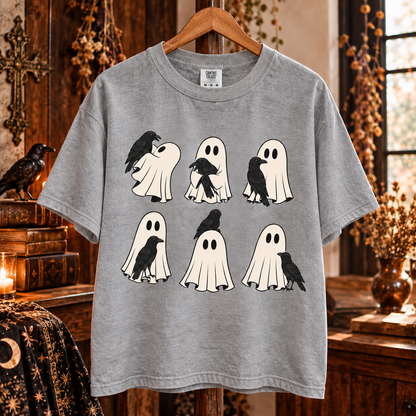 Ghost and Raven T-Shirt, Spooky Crow Halloween Shirt, Cute Ghost Graphic Tee, Gothic Raven Shirt, Witchy Halloween Gift