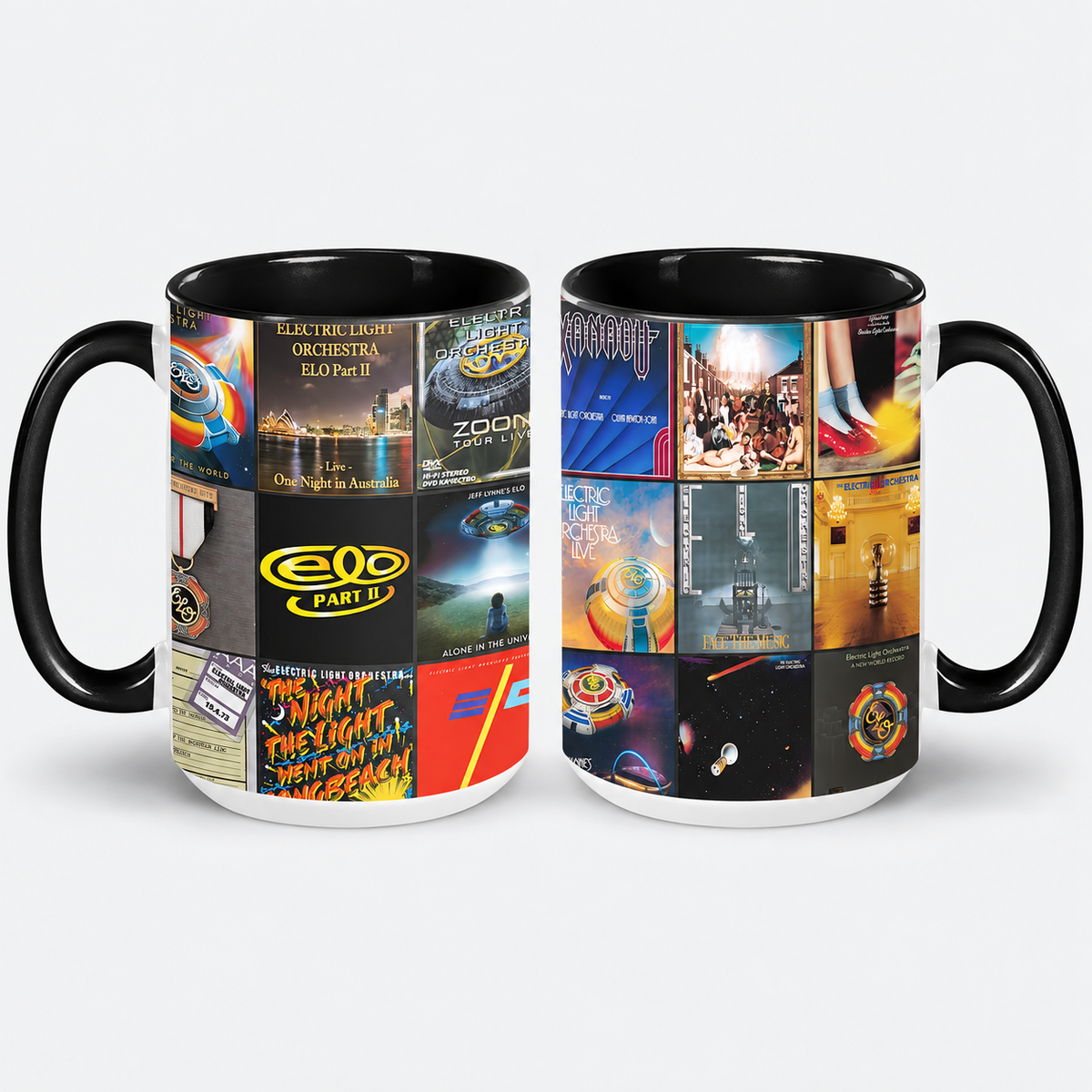 Electric Light Orchestra Black Two-Tone Accent Coffee Mug - Classic Band Album Covers Collage Mug
