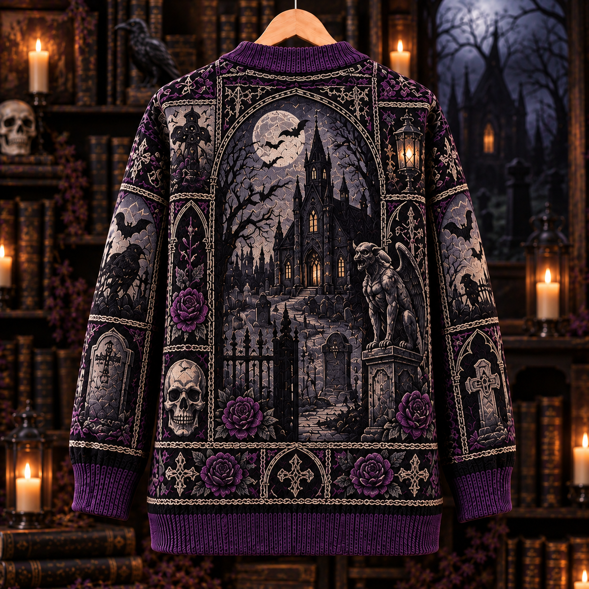 Haunted Mansion Cardigan, Purple Raven Gargoyle Knit Sweater, Dark Academia Graveyard Cardigan, Victorian Gothic Gift