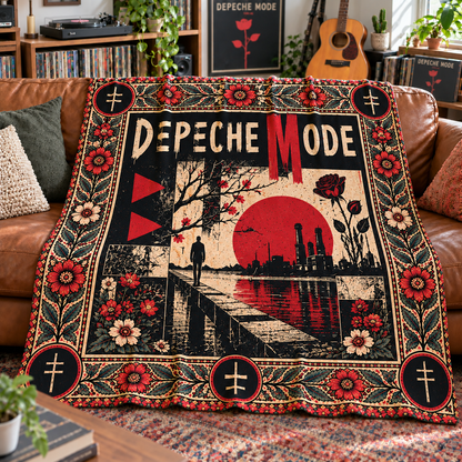 Depeche Mode Sherpa Throw Blanket - Red Rose & Gothic Cross Soft Plush Cover - New Wave Synth Pop Band Fan Unique Gift Idea