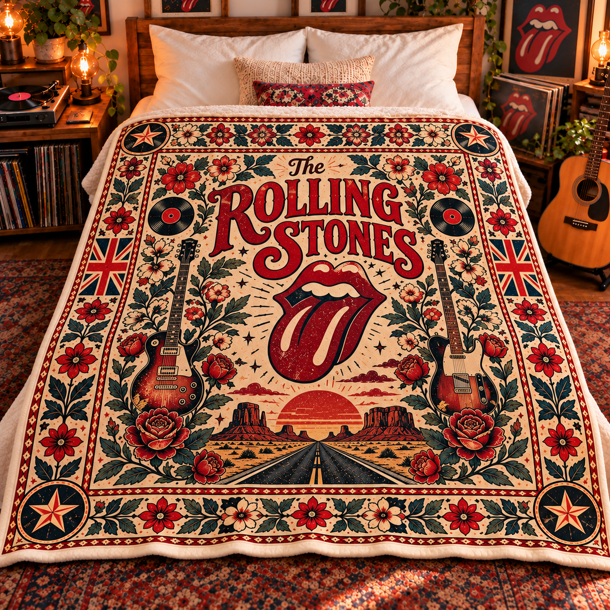 The Rolling Stones Sherpa Throw Blanket - Red Tongue Logo & Electric Guitars Soft Cover - Classic Rock Band Fan Unique Gift