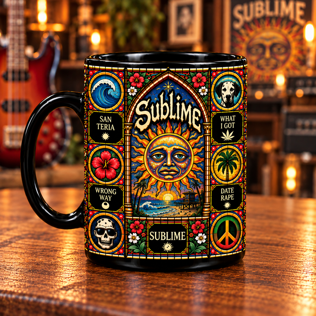 Sublime Stained Glass Art Mug – Reggae Rock Black Ceramic Coffee Cup, Santeria Inspired Double-Sided Design, Unique Gift for Sublime Fans