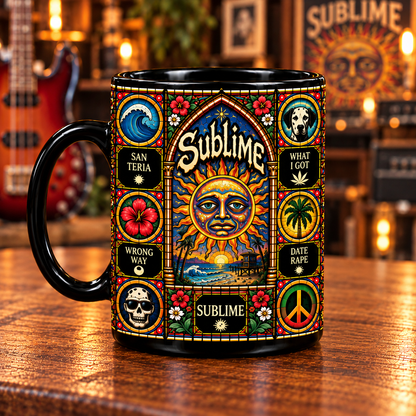 Sublime Stained Glass Art Mug – Reggae Rock Black Ceramic Coffee Cup, Santeria Inspired Double-Sided Design, Unique Gift for Sublime Fans