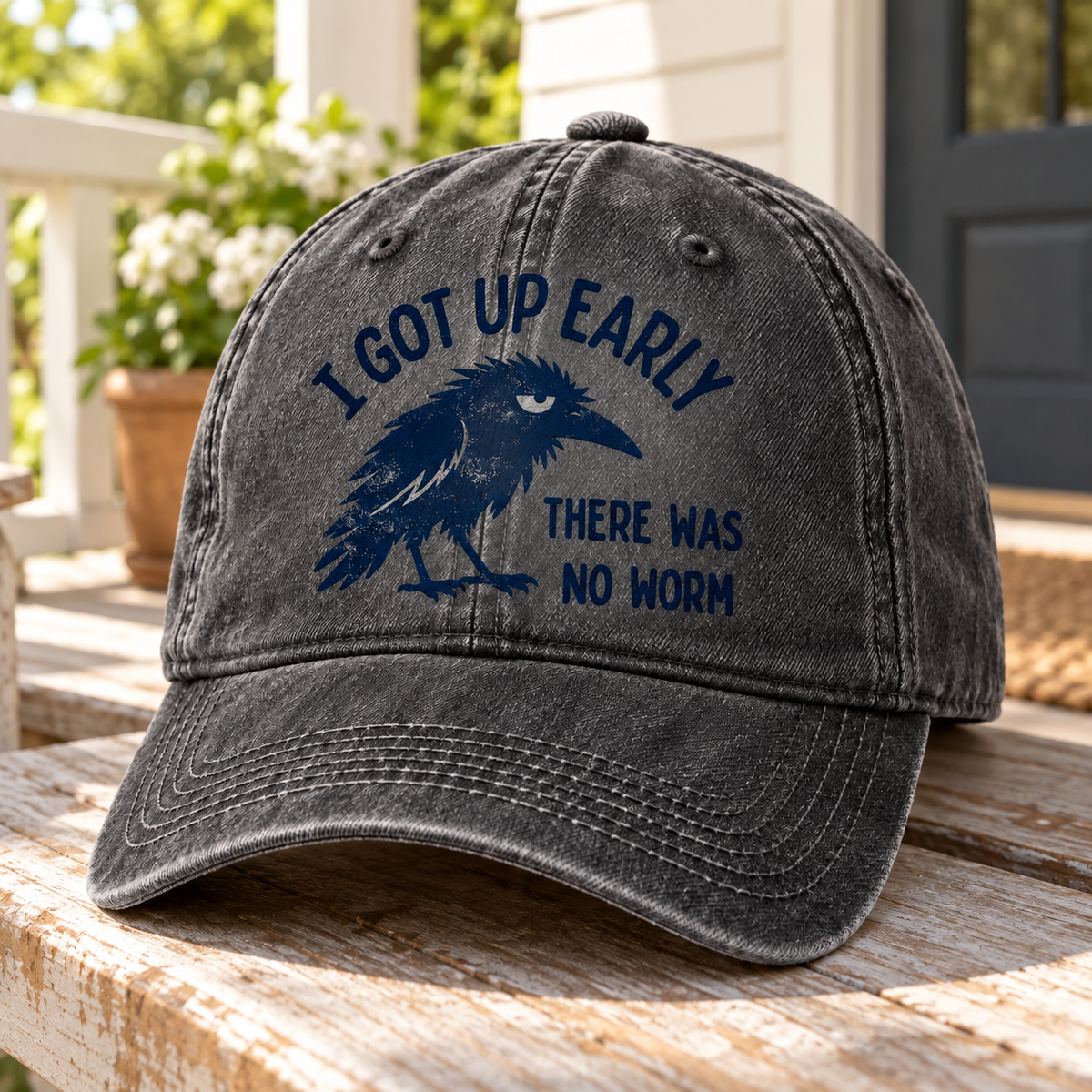 I Got Up Early There Was No Worm Vintage Denim Cap – Funny Grumpy Crow Sarcastic Baseball Cap