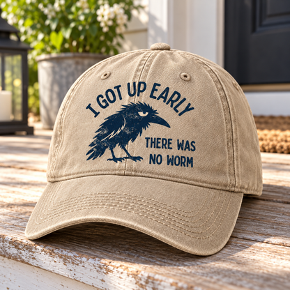 I Got Up Early There Was No Worm Vintage Denim Cap – Funny Grumpy Crow Sarcastic Baseball Cap