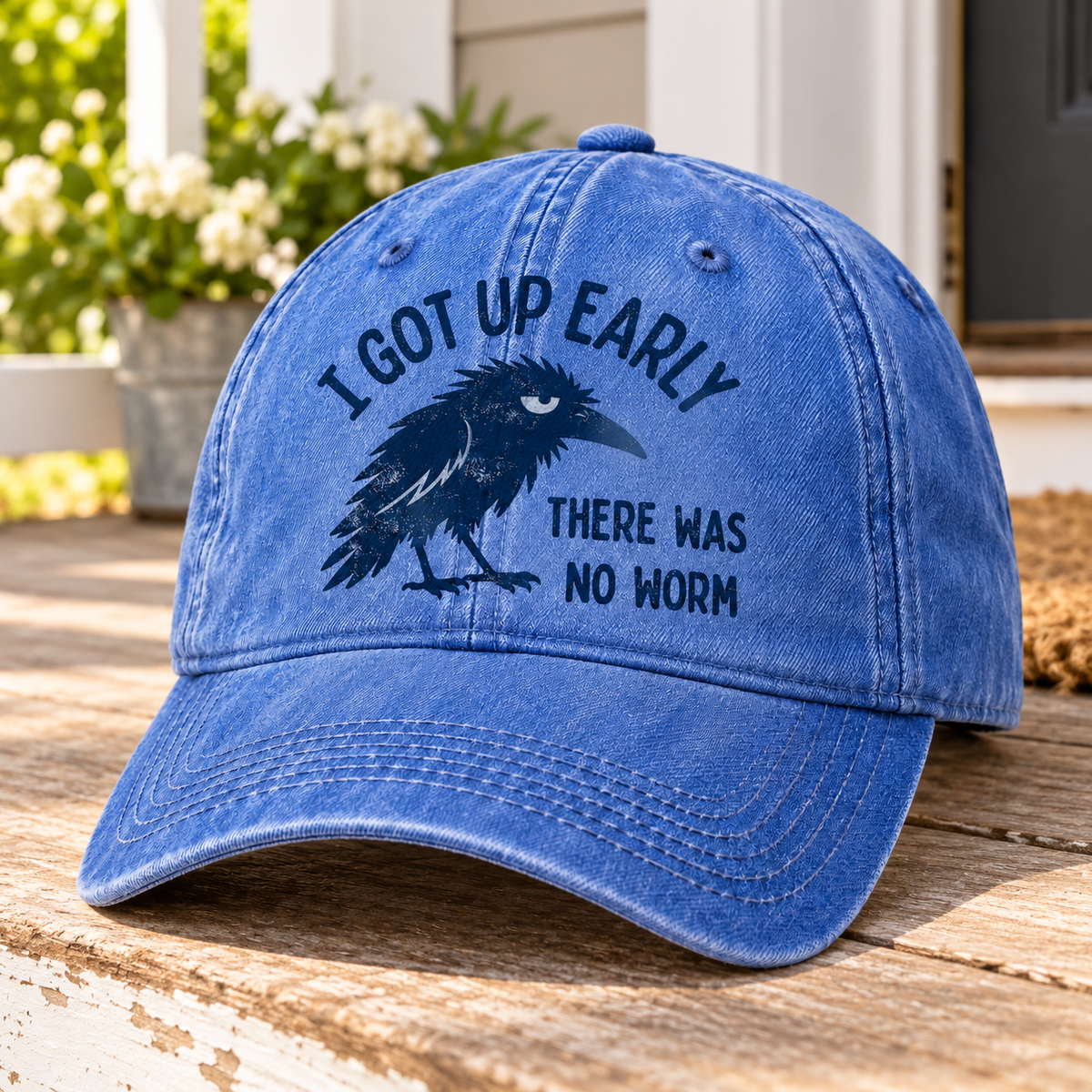 I Got Up Early There Was No Worm Vintage Denim Cap – Funny Grumpy Crow Sarcastic Baseball Cap