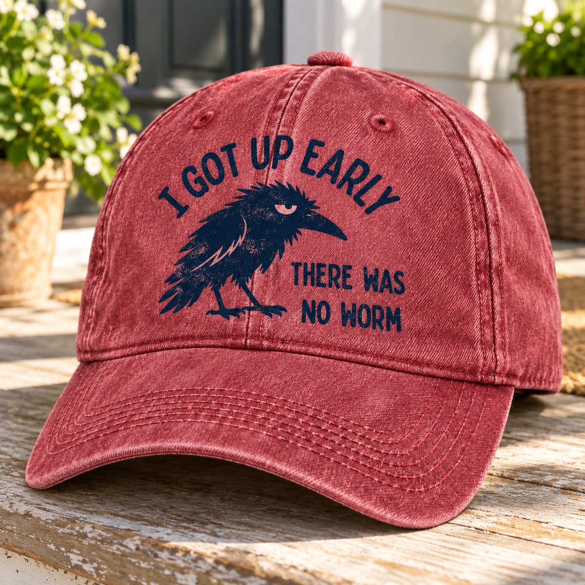 I Got Up Early There Was No Worm Vintage Denim Cap – Funny Grumpy Crow Sarcastic Baseball Cap