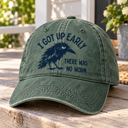 I Got Up Early There Was No Worm Vintage Denim Cap – Funny Grumpy Crow Sarcastic Baseball Cap