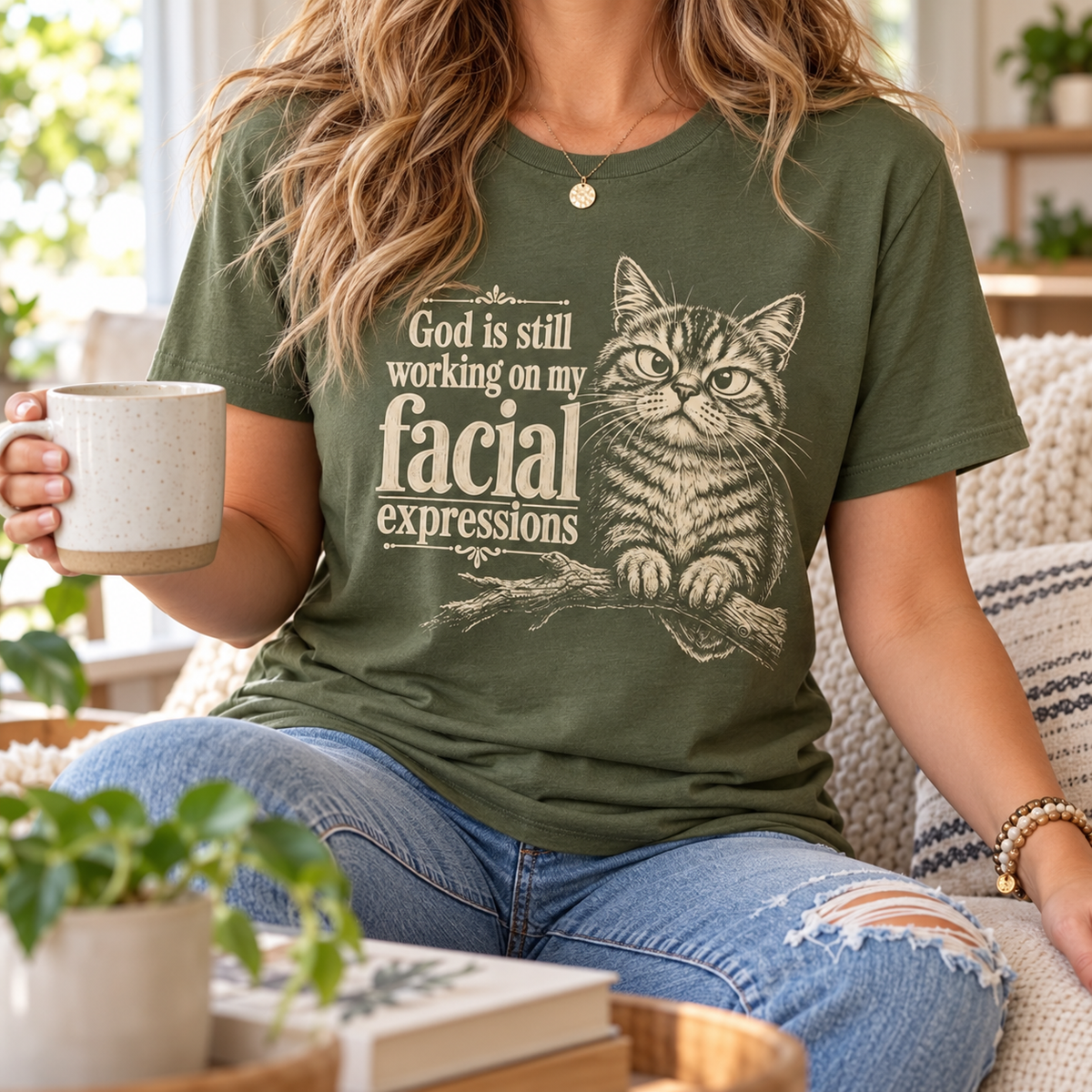 God Is Still Working On My Facial Expressions T-Shirt - Funny Grumpy Cat Graphic Tee