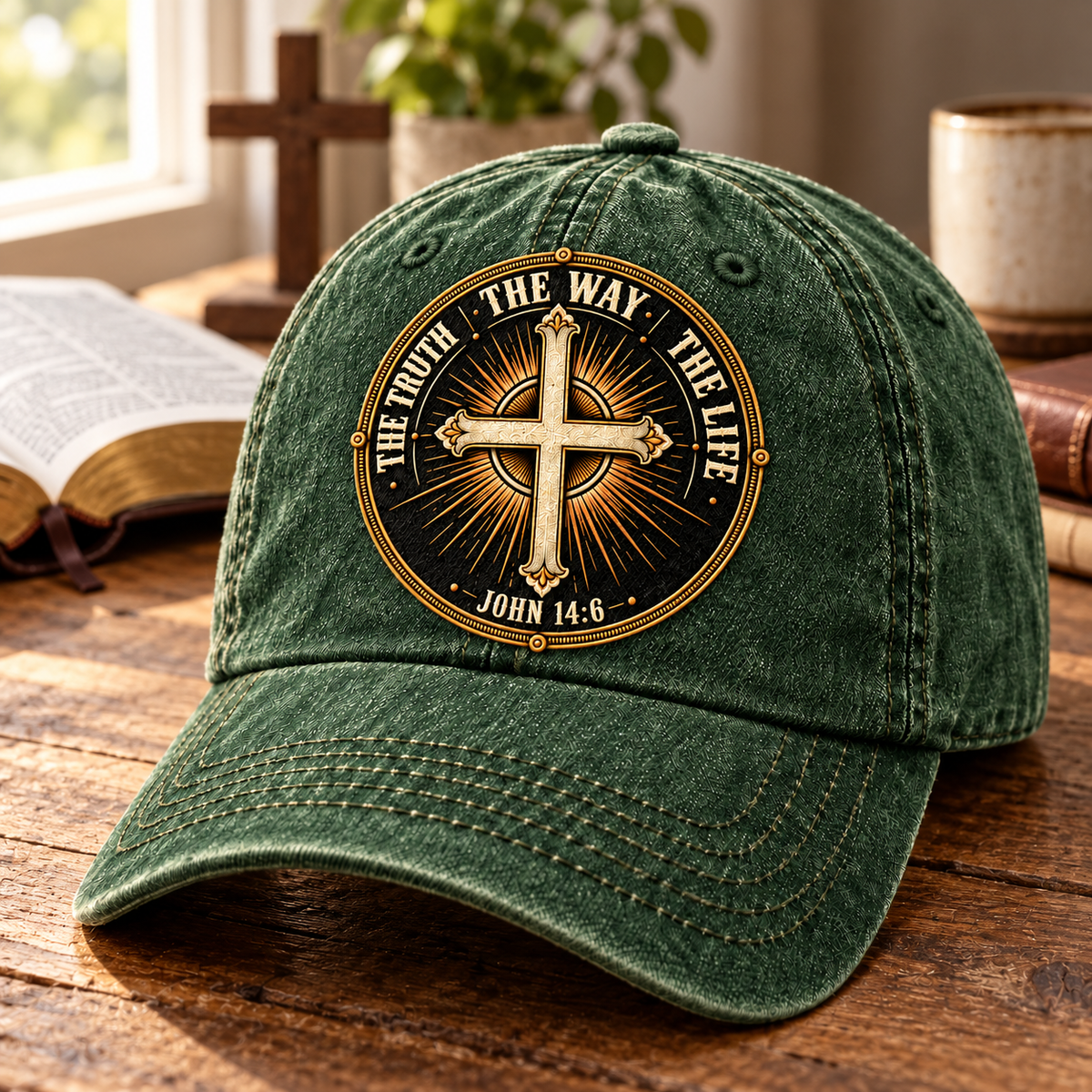 John 14:6 The Way The Truth The Life Vintage Denim Cap – Christian Cross Emblem Baseball Hat