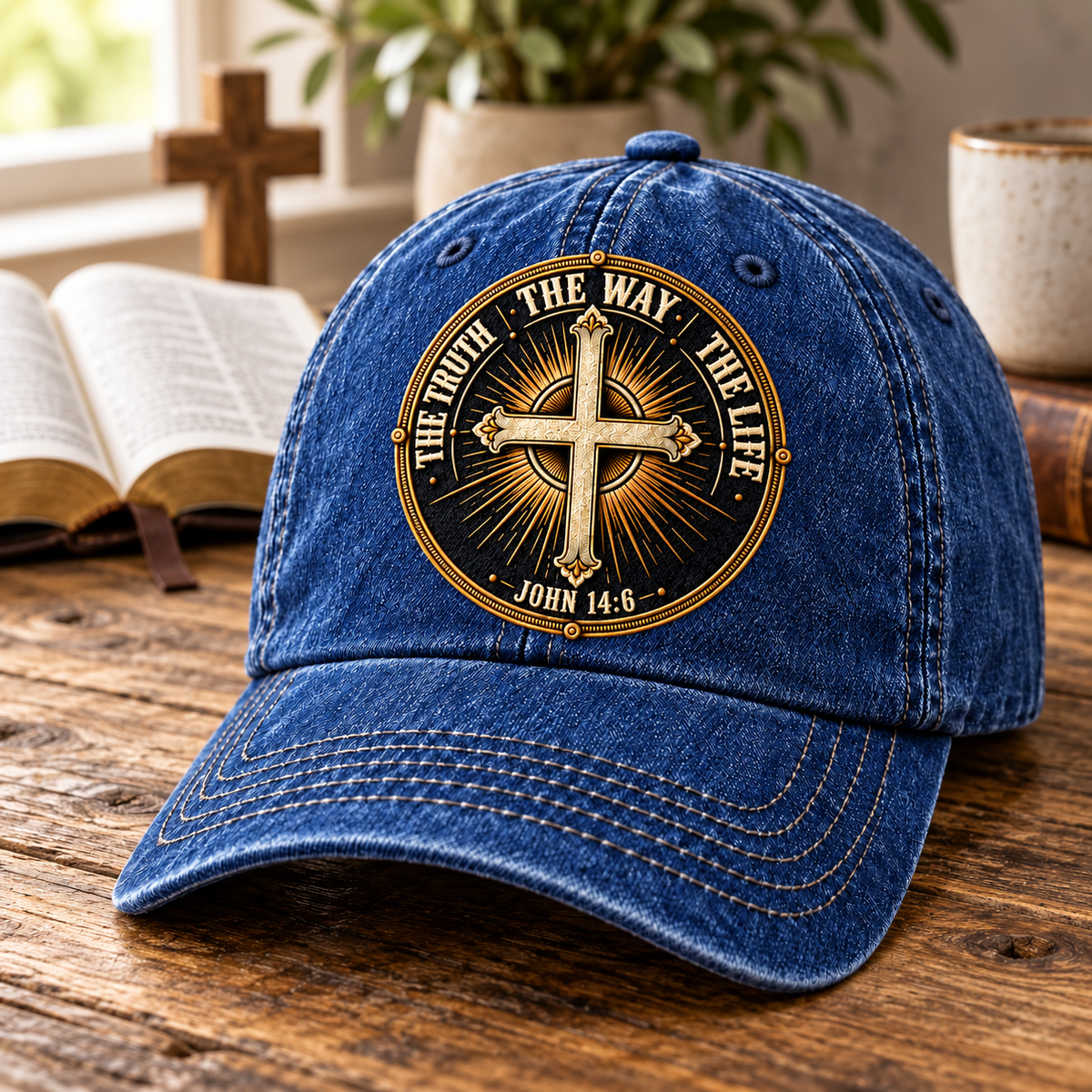 John 14:6 The Way The Truth The Life Vintage Denim Cap – Christian Cross Emblem Baseball Hat