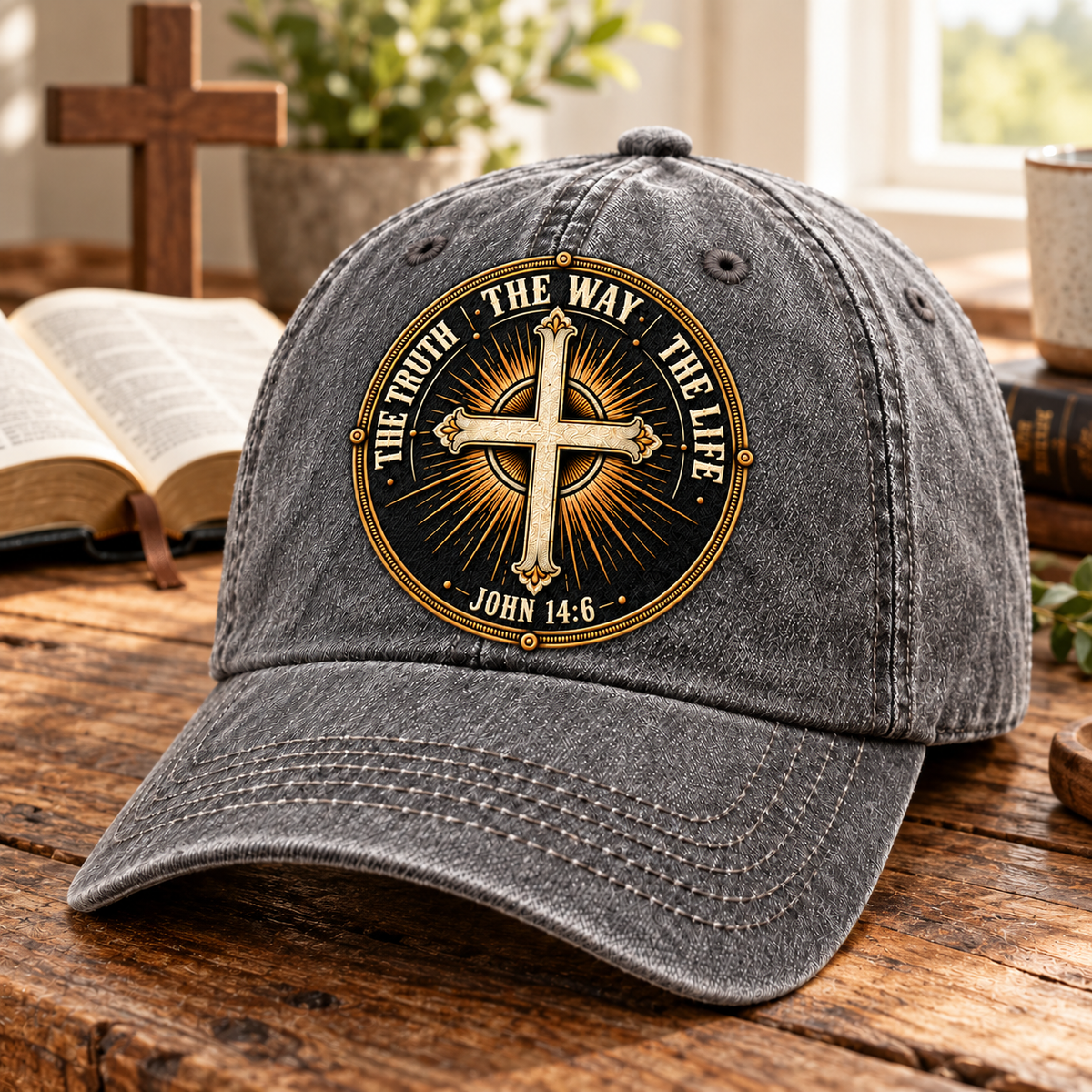 John 14:6 The Way The Truth The Life Vintage Denim Cap – Christian Cross Emblem Baseball Hat